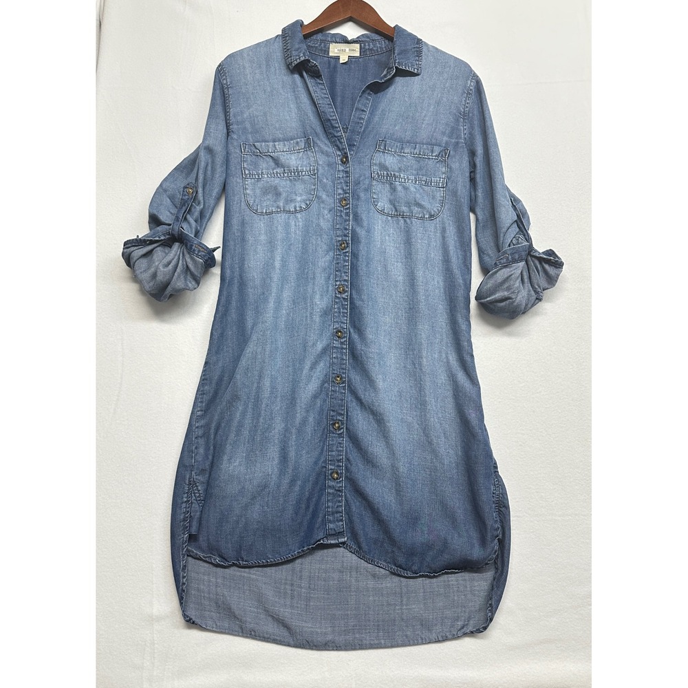 Cloth & Stone Tencel Chambray Shirt Dress Medium Wash High Low C8558-549-213 M